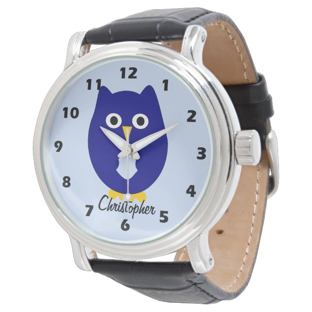 Blue Owl Design Any Colour Background Personalised Watch (Angled)
