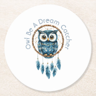 Blue Owl Dream Catcher Round Paper Coaster