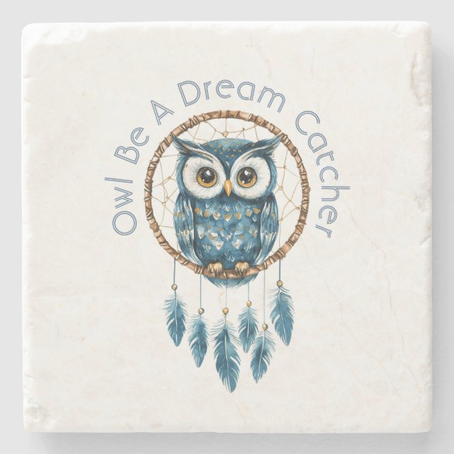 Blue Owl Dream Catcher Stone Coaster (Front)