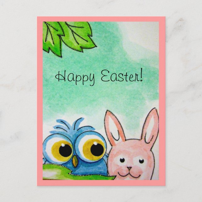 Blue Owl & Easter Bunny Postcard (Front)