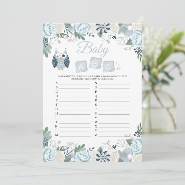 Blue Owl Floral Baby Shower Baby ABC's Game Card (Standing Front)
