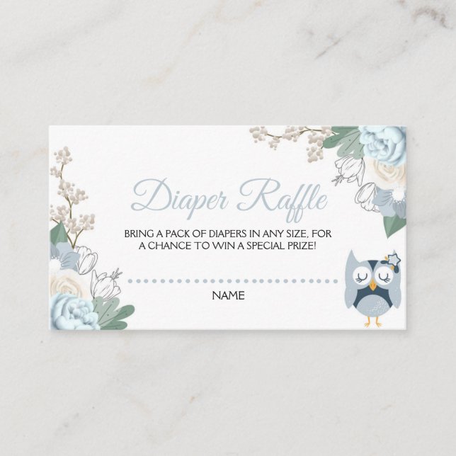  Blue Owl Floral Baby Shower Diaper Raffle  Enclosure Card (Front)