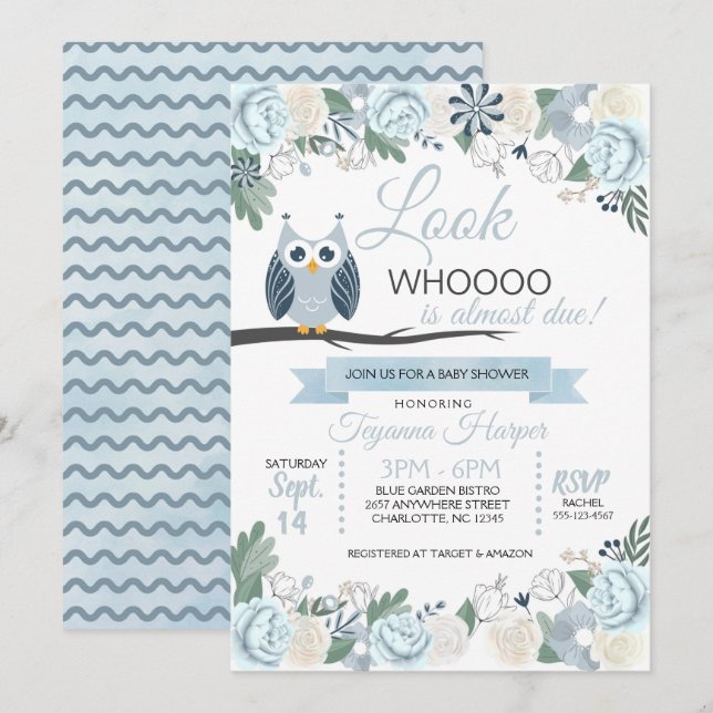 Blue Owl Floral Baby Shower Invitation (Front/Back)
