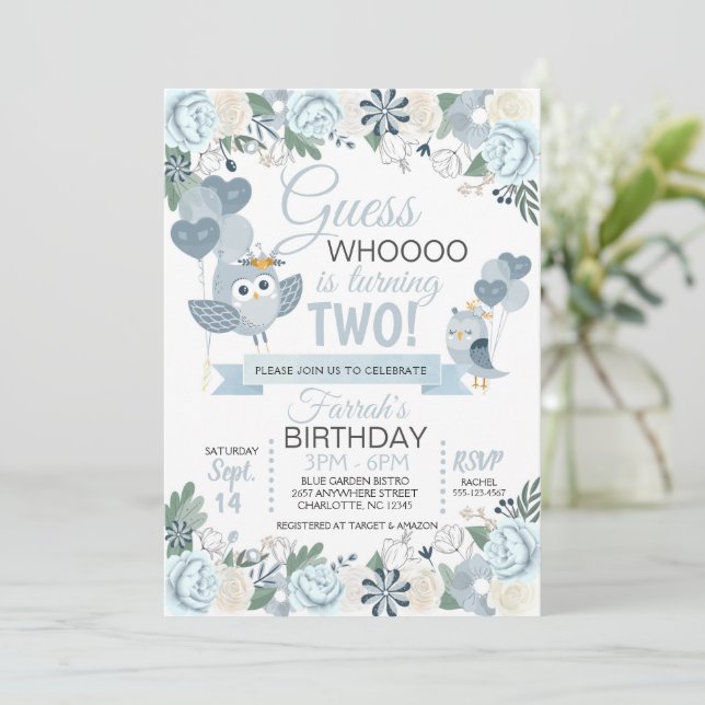 Blue Owl Floral Birthday Invitation (Standing Front)