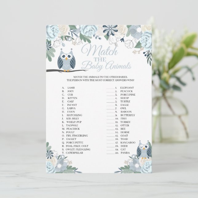 Blue Owl Floral Match The Baby Animals Game Card (Standing Front)