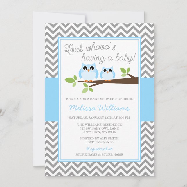 Blue Owl Grey Chevron Boy Baby Shower Invitation (Front)