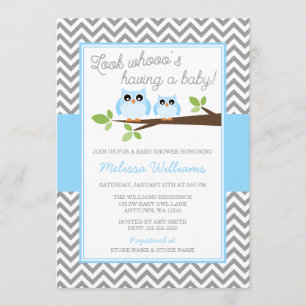 Blue Owl Grey Chevron Boy Baby Shower Invitation