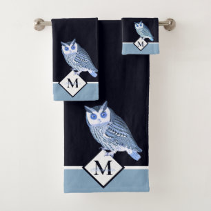 Blue Owl Grey Monogram name Bath Towel Set