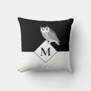Blue Owl Grey Monogram name Bathroom Bath Mat Cushion