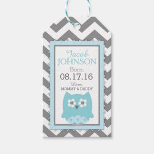 Blue Owl Grey White Chevron Baby Shower Gift Tags
