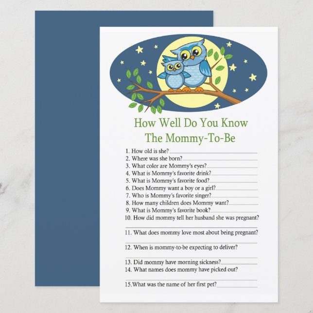 Blue Owl How well do you know baby shower game (Front/Back)