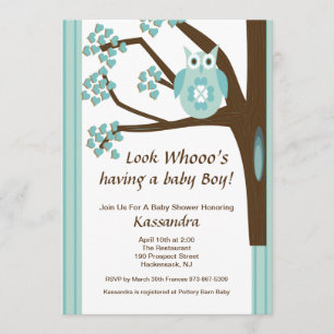 Blue Owl In A Tree Baby Boy Shower Invitation