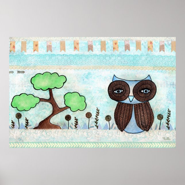 Blue Owl & Lace Mixed Media Painting Poster (Front)