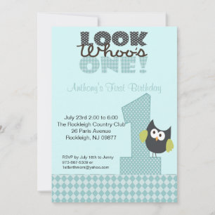 Blue Owl Large Number One 1st Birthday Invitation