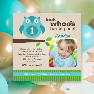 Blue Owl Modern Woodland Birthday Boy Party Invitation