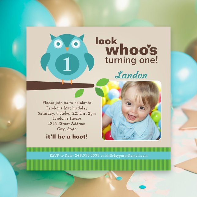 Blue Owl Modern Woodland Birthday Boy Party Invitation (Creator Uploaded)