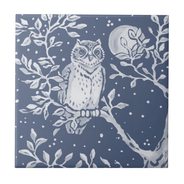 Blue Owl Moon Night Woodland Forest Animal Ornate Tile (Front)