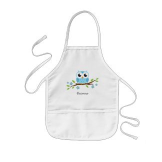 Blue owl on branch with flowers personalised name kids apron