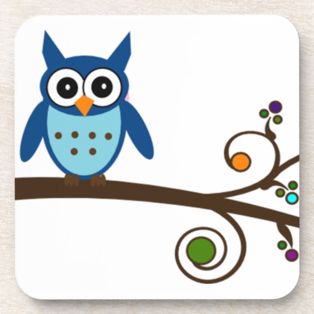 Blue Owl on Colourful Branch Coaster (Front)