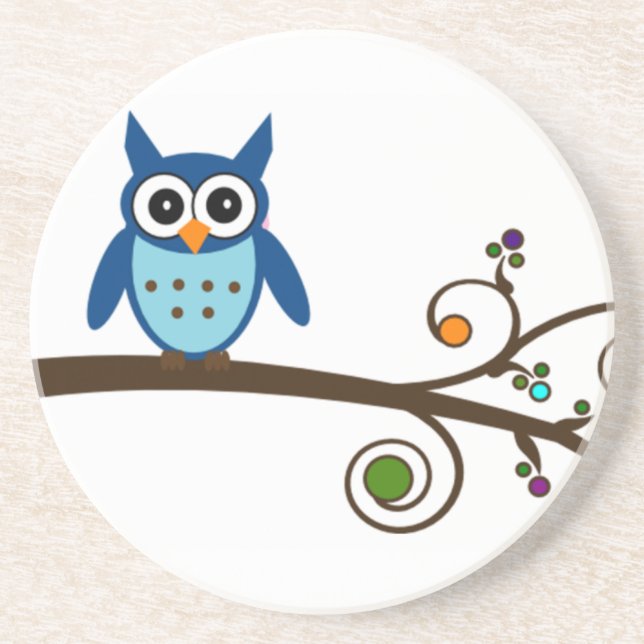 Blue Owl on Colourful Branch Coaster (Front)