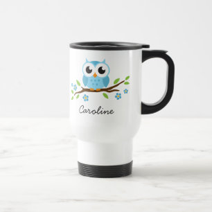 Blue owl on flowering branch customisable name travel mug