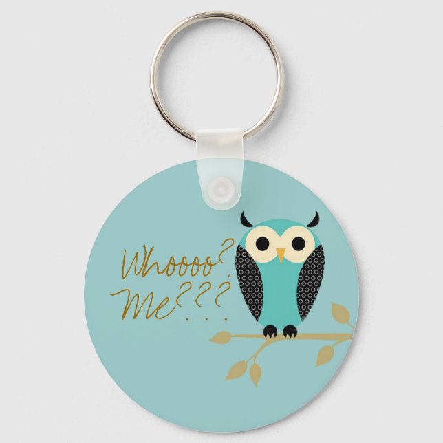Blue Owl On Limb Who Me? Key Ring (Front)