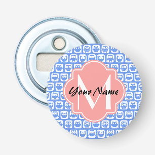 Blue Owl Pattern Coral Monogram Personalised Name Bottle Opener
