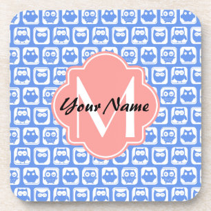 Blue Owl Pattern Coral Monogram Personalised Name Coaster