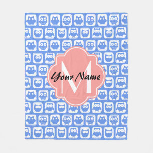 Blue Owl Pattern Coral Monogram Personalised Name Fleece Blanket