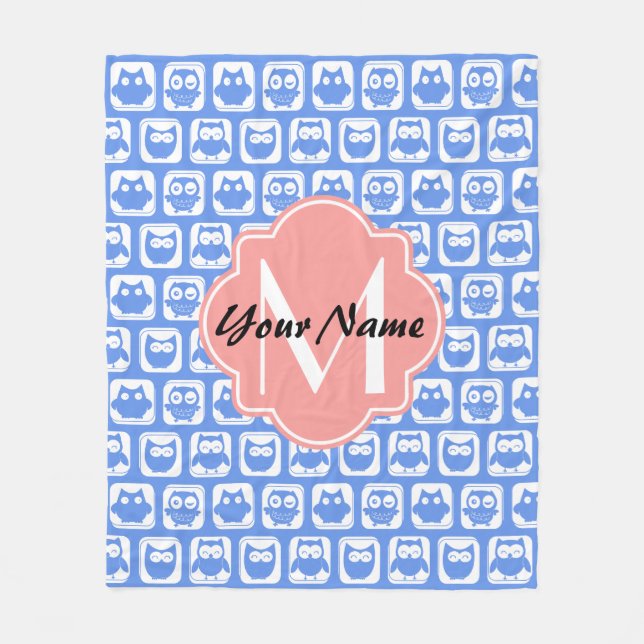 Blue Owl Pattern Coral Monogram Personalised Name Fleece Blanket (Front)