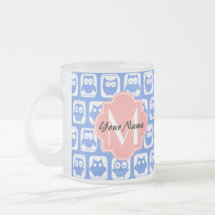 Blue Owl Pattern Coral Monogram Personalised Name Frosted Glass Coffee Mug