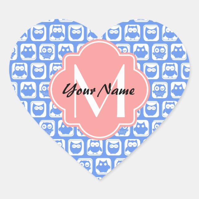 Blue Owl Pattern Coral Monogram Personalised Name Heart Sticker (Front)