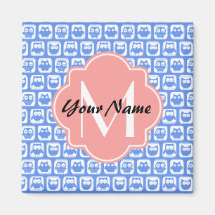 Blue Owl Pattern Coral Monogram Personalised Name Magnet