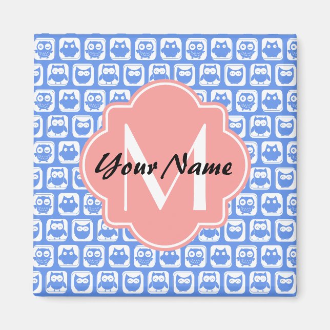 Blue Owl Pattern Coral Monogram Personalised Name Magnet (Front)