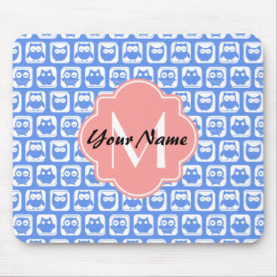 Blue Owl Pattern Coral Monogram Personalised Name Mouse Mat