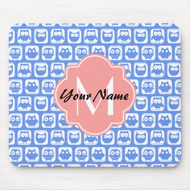 Blue Owl Pattern Coral Monogram Personalised Name Mouse Mat (Front)