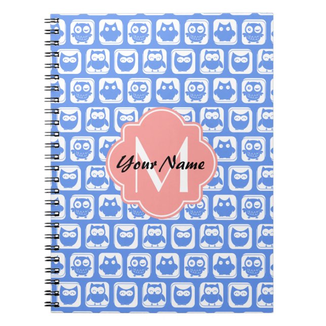 Blue Owl Pattern Coral Monogram Personalised Name Notebook (Front)