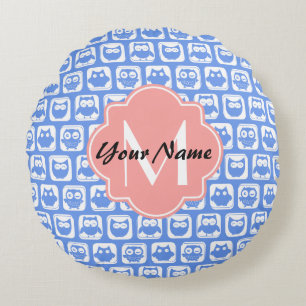 Blue Owl Pattern Coral Monogram Personalised Name Round Cushion