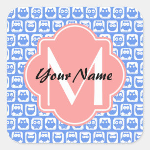 Blue Owl Pattern Coral Monogram Personalised Name Square Sticker