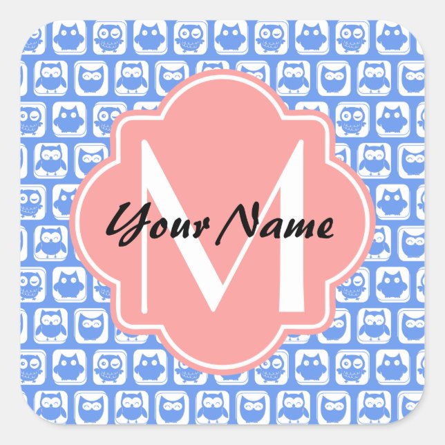 Blue Owl Pattern Coral Monogram Personalised Name Square Sticker (Front)