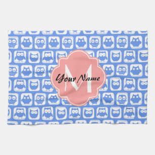 Blue Owl Pattern Coral Monogram Personalised Name Tea Towel