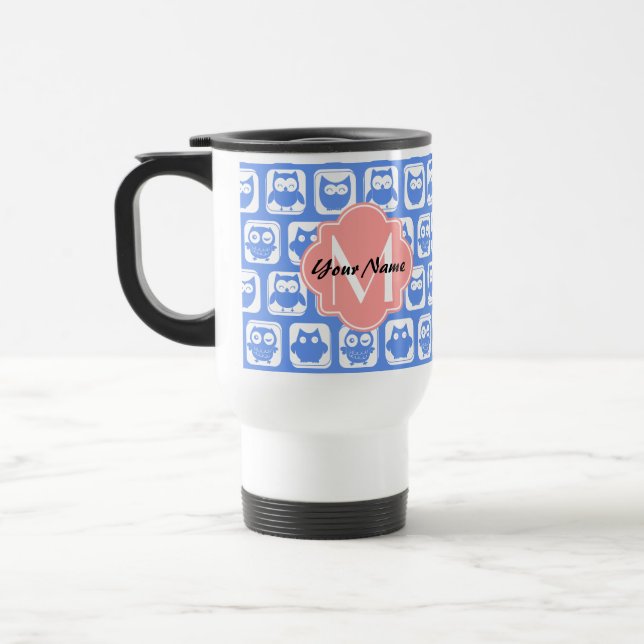 Blue Owl Pattern Coral Monogram Personalised Name Travel Mug (Left)