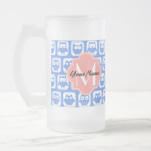 Blue Owl Pattern Coral Monogram Personalized Name Frosted Glass Beer Mug
