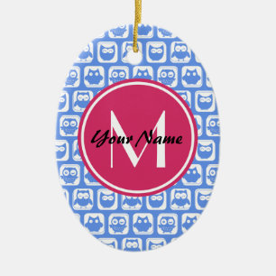 Blue Owl Pattern Pink Custom Monogram Personalised Ceramic Tree Decoration