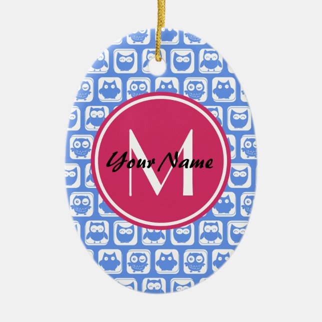 Blue Owl Pattern Pink Custom Monogram Personalised Ceramic Tree Decoration (Front)