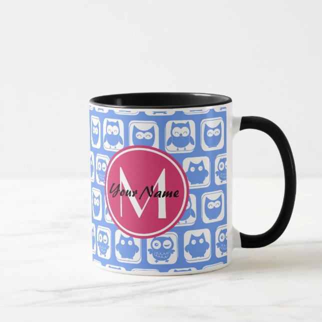 Blue Owl Pattern Pink Custom Monogram Personalised Mug (Right)