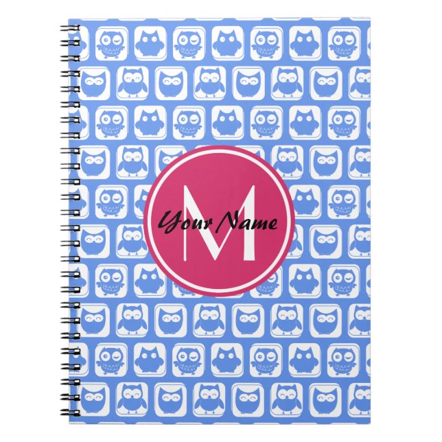 Blue Owl Pattern Pink Custom Monogram Personalised Notebook (Front)