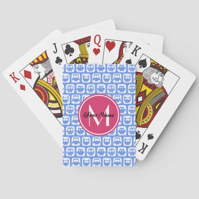 Blue Owl Pattern Pink Custom Monogram Personalised Playing Cards (Back)