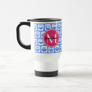 Blue Owl Pattern Pink Custom Monogram Personalised Travel Mug