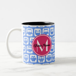 Blue Owl Pattern Pink Custom Monogram Personalised Two-Tone Coffee Mug
